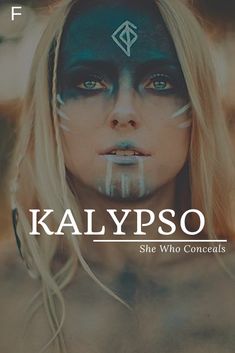 a woman with long hair and face paint is shown in the middle of an ad for kalypso