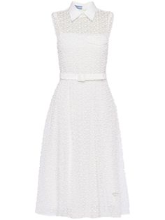 white cotton textured finish classic collar belted waist sleeveless flared skirt knee-length chest flap pocket enamel triangle logo White Belted Dress For Formal Spring Occasion, Classic White A-line Sleeveless Dress, White Fitted Belted Summer Dress, Fitted White Belted Summer Dress, Classic White Sleeveless Midi Dress, Chic White Belted Formal Dress, Chic White Fitted Belted Dress, Chic Fitted White Belted Dress, White Fitted Midi Belted Dress