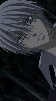 an anime character with long hair and grey eyes looking at the camera while standing in front of trees