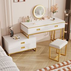 a white vanity with gold trim and drawers in a bedroom next to a mirror on the wall