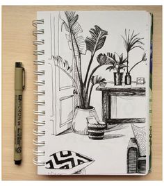 a drawing of a potted plant next to a desk with a pen on it