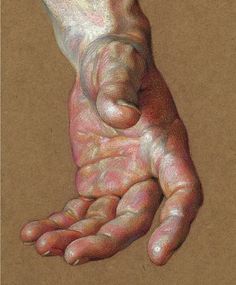 a drawing of a person's hand with pink and white paint on the palm