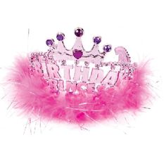 a tiara with pink feathers and purple beads on the bottom, which says happy birthday