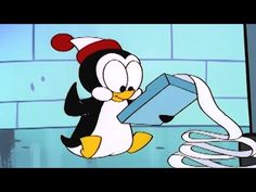 a cartoon penguin wearing a santa hat and holding a box