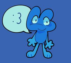 a blue cartoon character with a speech bubble