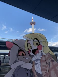 two cartoon characters standing next to each other in front of a sky scraper at an airport