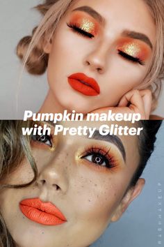 Girly Halloween Makeup Ideas, Makeup For Pumpkin Costume, Pumpkin Makeup Tutorial, Jack O Lantern Makeup Pretty, Pretty Halloween Makeup Looks Glitter, Pumpkin Patch Makeup Ideas