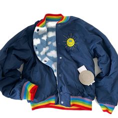 Stella Mccartney Size 12 New With Tags Reversible Bomber Jacket Snap Closure Embroidered Sun On Navy Blue Side Of Jacket Rainbow Stripe Detail At Bottom Of The Jacket, Sleeve Cuffs And Collar. Bin E Smiley Face Jacket, Varsity Jacket Custom, Male Kidcore Outfits, Primary Color Fashion, Color Block Varsity Jacket, Fun Mens Fashion, Lovecore Fashion Men, Kidcore Fashion Men, Coraline Fashion