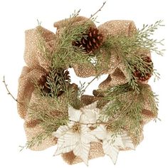 a christmas wreath with pine cones and white flowers