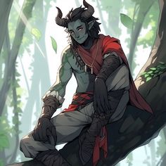 a man with horns sitting on top of a tree branch in the middle of a forest