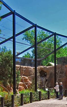 two people are standing in an enclosure at the zoo