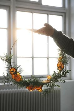 a person holding a candle in front of a window with pine cones and lights on it