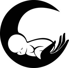 a baby is sleeping on the moon with its head in it's hands, black and white