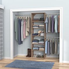 an open closet with clothes and shoes on shelves next to a blue carpeted floor