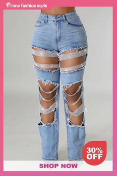 Casual Rhinestone Decor High Waist Cut Out Ripped Denim Jeans Embellished Party Jeans, Trendy High Waist Jeans With Rhinestones, Trendy High-waisted Embellished Jeans, Trendy Denim Jeans With Rhinestone Fringe, Trendy Embellished Bottoms For Fall, Glamorous Fitted Denim Jeans, Embellished Denim Jeans For Night Out, Embellished Jeans For Night Out, High Waist Rhinestone Denim Jeans