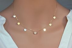 14k gold filled or 14k Rose Gold Fill or 925 sterling silver delicate coin disc necklace Perfect looking on its own or layering with other dainty necklaces. All metal components onto 14k gold fill ( not gold plated ). It could be 14k rose gold fill or sterling silver , choose from metal and length drop down box . ★★It makes of.. -6mm 14k gold fill 7 coins attach onto -14k gold fill cable chain with spring claw. -Come up with beautiful ribbon gift box and -One set of Care instruction package . It Dangle Coin Necklace For Gift, Prom Necklace Gold, Celebrity Necklace, Gold Coin Pendant, Prom Necklaces, Dangle Necklace, Choker Gold, Gold Coin Necklace, Coin Pendant Necklace