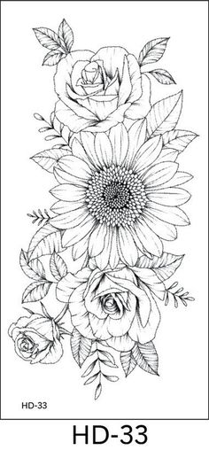 black and white drawing of sunflowers with leaves on the bottom, in a line art style