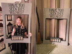 a woman standing in front of two cardboard cutouts with the words have you seen this wizard?