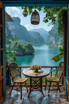 a table and chairs sitting on top of a balcony next to a lake with mountains in the background