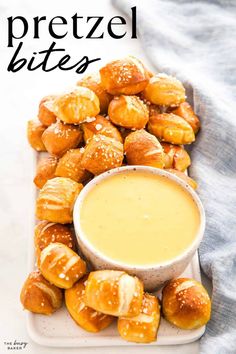 pretzel bites with dipping sauce in the middle