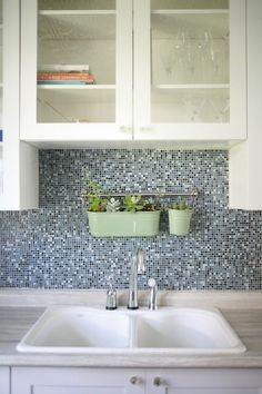 a white kitchen sink sitting under two glass shelves next to a counter top with plants on it