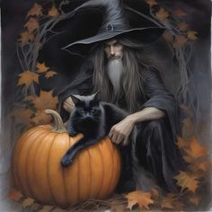 a black cat sitting on top of a pumpkin next to a man in a witches hat