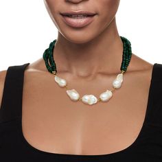 24x13mm Cultured Baroque Pearl and 190.00 ct. t.w. Emerald Bead Necklace in 18kt Gold Over Sterling. 18" | Ross-Simons Pearl Look, Gem Show, Emerald Bead, White Pearl Necklace, Fine Jewelery, Bare Necessities, Unique Necklace, Fine Jewellery Necklace, Unique Necklaces