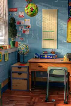 a room with blue walls and wooden flooring has a desk, chair, and other items on the wall