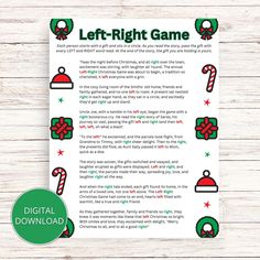 the left - right game for christmas is shown in green and red with candy canes