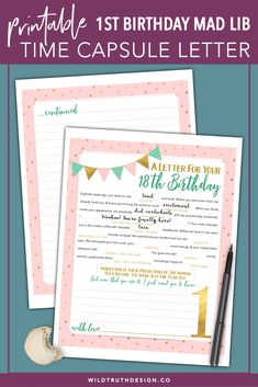 the printable birthday mad lib letter is shown in pink, green and gold