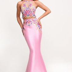 Embellished, Two-Piece Mermaid Gown With Lace Top With Keyhole Back Pink Mermaid Dress For Prom Season, Fitted Sleeveless Mermaid Dress For Pageant, Pink Sequined Mermaid Dress, Pink Evening Mermaid Dress, Pink Sleeveless Evening Dress For Pageant, Fitted Sequined Mermaid Dress For Pageants, Embellished Fitted Mermaid Dress For Prom, Fitted Pink Evening Dress For Pageant, Mermaid Embellished Dress For Prom