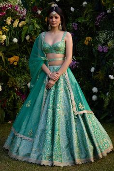 Vivid green raw silk lehenga with an attached cancan and zari and dori embroidery. Comes with a padded blouse, a dupatta and a belt. - Aza Fashions Raw Silk Lehenga, Mehendi Outfits, Green Lehenga, Gaun Fashion, Embroidered Lehenga