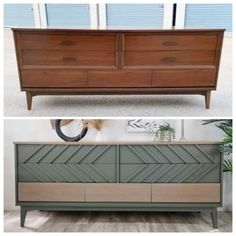 two different sideboards that have been painted green and brown, one with an arrow design on it