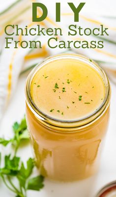 a jar of homemade chicken stock. Chicken Stock From Bones, Rotisserie Chicken Stock, Chicken Carcass Soup, Making Chicken Stock, Chicken Broth Soup, Make Chicken Broth, Chicken Broth Recipes, Chicken Stock Recipe