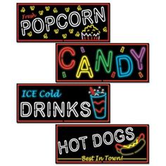 three neon signs that say popcorn, candy, ice cold drinks and hot dogs