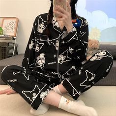 Cartoon Pajamas, Kuromi Sanrio, Japan Store, Pajamas For Women, Grunge Fashion Soft, Kawaii Cartoon, Black Clothing, Korean Fashion Dress, Girlie Style