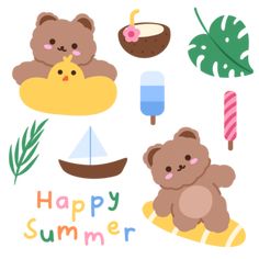 some cute teddy bears and palm leaves on a white background with the words happy summer