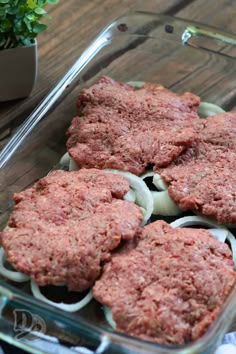 hamburger patties in a glass casserole dish