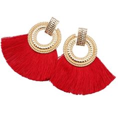 Gold Metallic Color Earring With Red Color Tassel. Measures Approximately 3” Long, Gold Ring Is 1.5” Wide & A Little Over 1” Long To 3” Wide Tassel. In New Condition. For Pierced Ears Only. Nwt Boutique Item Colors Available Is Separate Listings: Gold & Off White X2 Gold & Black X1 (Drawer #1) Red Tassel Drop Earrings For Pierced Ears, Elegant Red Tassel Earrings For Summer, Red Tassel Earrings For Summer, Red Drop Tassel Earrings For Summer, Red Tassel Drop Earrings For Summer, Red Tasseled Jewelry For Summer, Red Tassel Jewelry For Summer, Artsy Earrings, Tropical Earrings