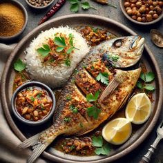 a plate with fish, rice and beans on it