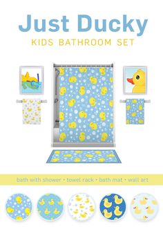 a bathroom set with ducky designs on the shower curtain and other items in it