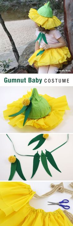 a collage of photos showing how to make a costume for a baby in yellow