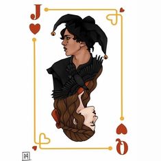 an illustration of a woman with long hair in a playing card frame and hearts around her neck