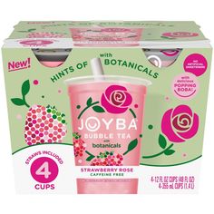 joyba bubble tea cups with pink flowers and green leaves, 4 count each cup