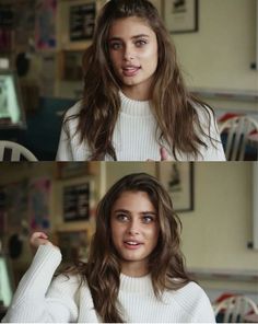 two different pictures of a woman with long hair and wearing a white sweater, one in black and white