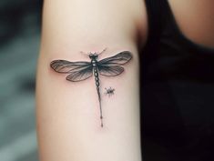 a small dragonfly tattoo on the right arm and shoulder, with an insect in it's center