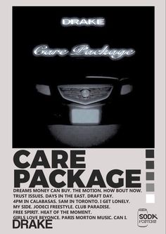 an advertisement for a car package with the words care package written in black and white