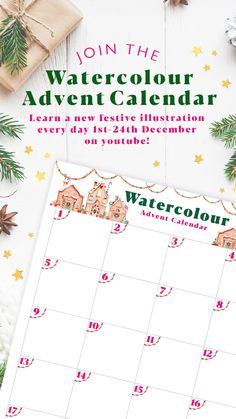 the watercolour calendar with christmas decorations around it