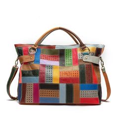 PRICES MAY VARY. ✿ Material: 100% Genuine First Layer Cowhide Big Tote. Full Unique 3D hollow stitching colorful pattern design. Big tote/handbag with plenty of room.Multicolored yet stylish,detachable long shoulder strap.please note this is a BIG bag, many thanks~ RANDOM COLOR! RANDOM COLOR PATCHWORK! BIG BAG! Thanks! ✿ Size: Approx: （L）16.9"*x（W )5.9"x (H) 12.59" / 43*15* 32 cm. Handle drop is 5.12". 4 ways to carry: Handheld / Arm carried / Single Shoulder / Cross body with the removable and Upcycled Tote, Sustainable Bag, Soft Leather Bag, Diaper Bag Tote, Genuine Leather Totes, Handmade Tote, Large Handbags, Ipad Air 2, Patchwork Designs