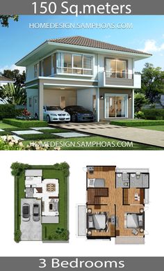 three bedroom house plan with 3 car garages in the front and second story on the back